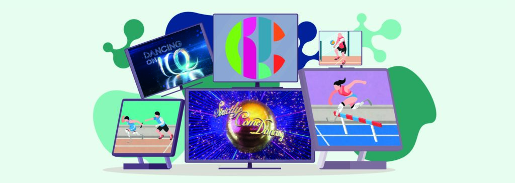 Six TV screens. Two screens are showing runners with a disability. Another screen is showing a volleyball player with a disability. One screen has the Strictly Come Dancing logo on it, one has the Dancing on Ice logo on it and another has the CBBC logo on it.