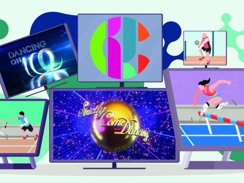 Six TV screens. Two screens are showing runners with a disability. Another screen is showing a volleyball player with a disability. One screen has the Strictly Come Dancing logo on it, one has the Dancing on Ice logo on it and another has the CBBC logo on it.
