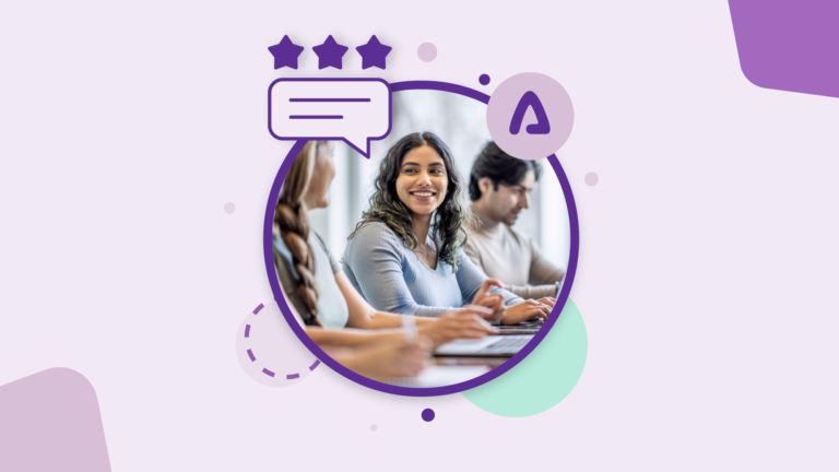 A photo of a smiling woman in a group setting, using a laptop. There is a purple circle round the photo with purple stars and a chat bubble icon round the edge.