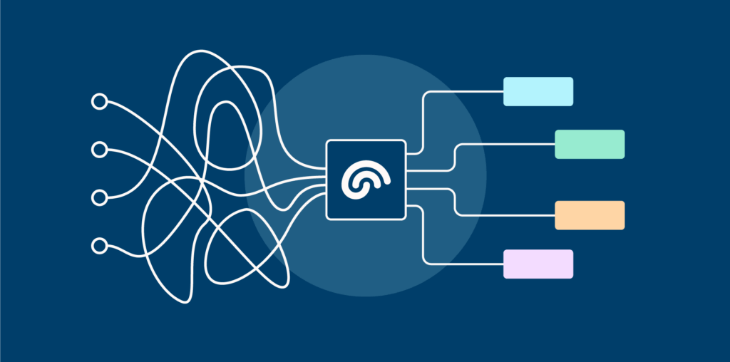 A dark blue graphic with tangled white lines on the left that run through a box in the centre with the Learning Labs logo inside. The lines come out of the right of the box, separated into 4 clear lines. At the end of each line, there is a different coloured button to represent the different lab types.